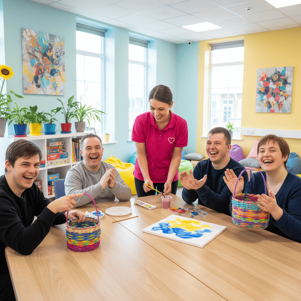 A small group laughing together during a creative day support session